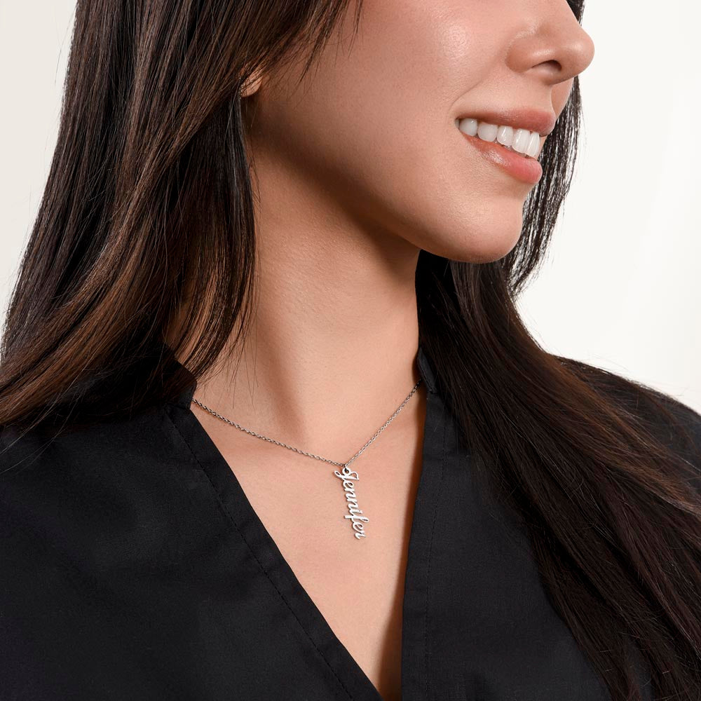 To My Dearest Daughter message card expression mom's love for her daughter going away to college. Mom is sharing her emotions with this Vertical Name Necklace jewelry piece.