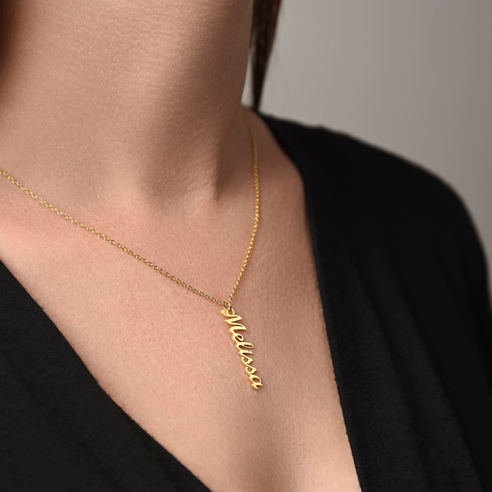 To My Dearest Daughter message card expression mom's love for her daughter going away to college. Mom is sharing her emotions with this Vertical Name Necklace jewelry piece.