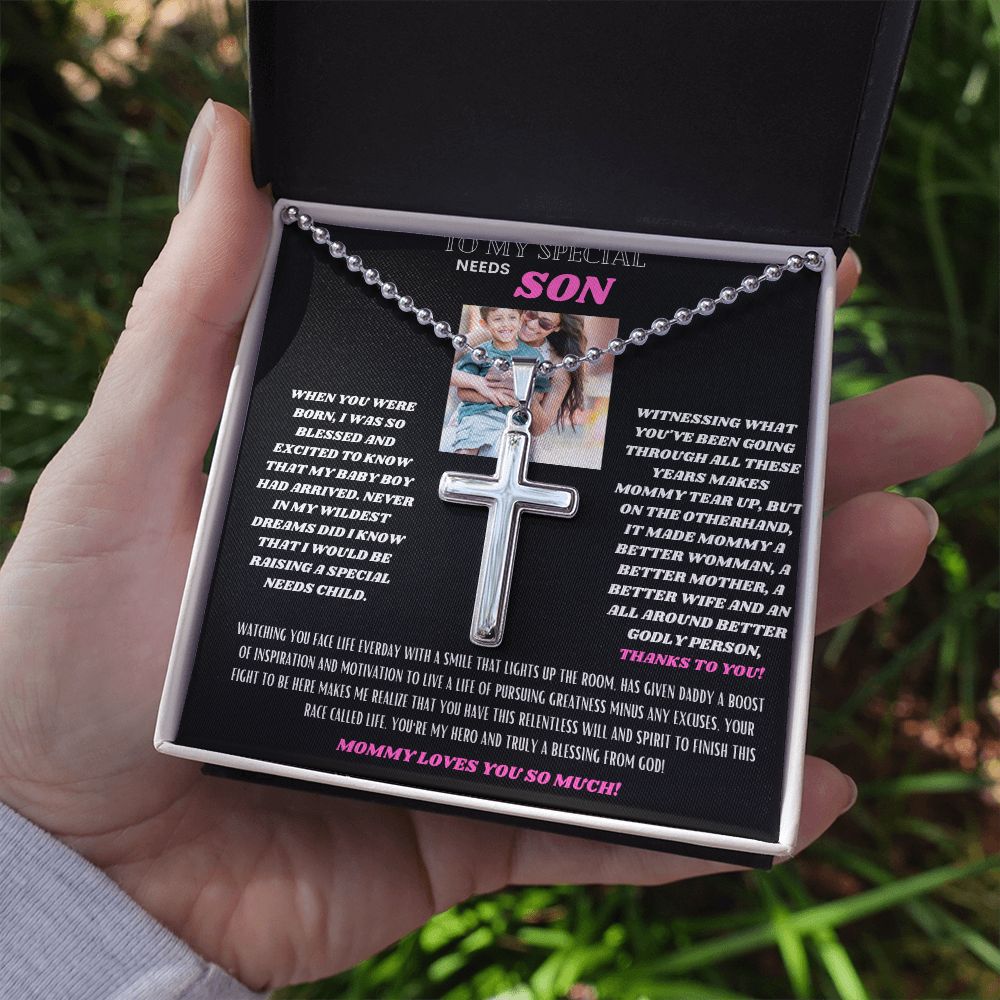 TO MY SPECIAL NEEDS SON FROM MOMMY STAINLESS CROSS NECKLACE