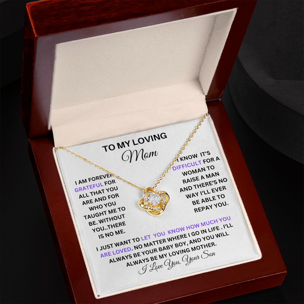 TO MY LOVING MOM LOVE KNOT NECKLACE FROM YOUR SON