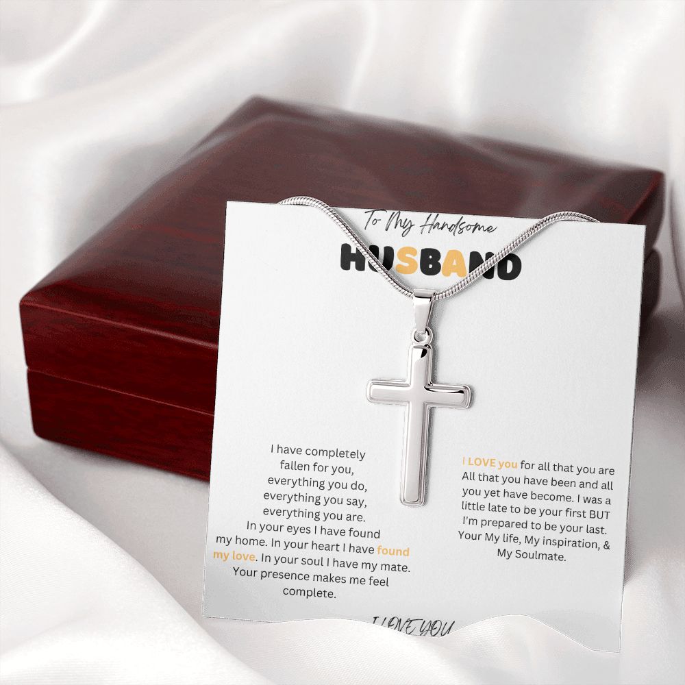 To My Handsome Husband Stainless Steel Cross Necklace with message card