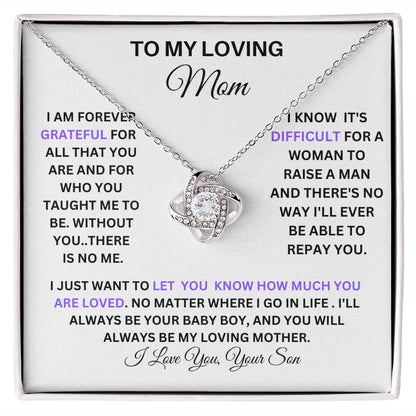 TO MY LOVING MOM LOVE KNOT NECKLACE FROM YOUR SON